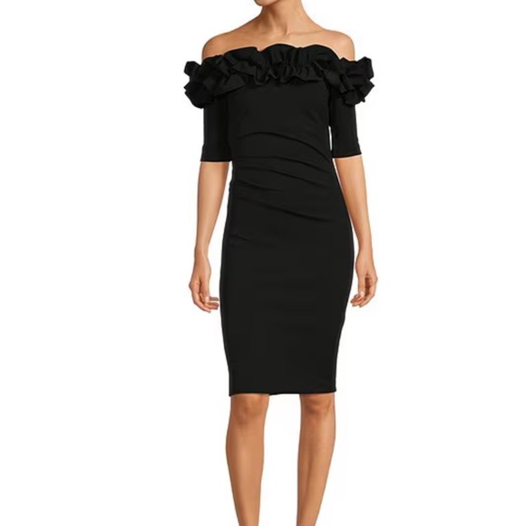 Xscape Dresses & Skirts - Off-the-Shoulder Ruffle Neck Short Sleeve Stretch Scuba Crepe Dress - size 8